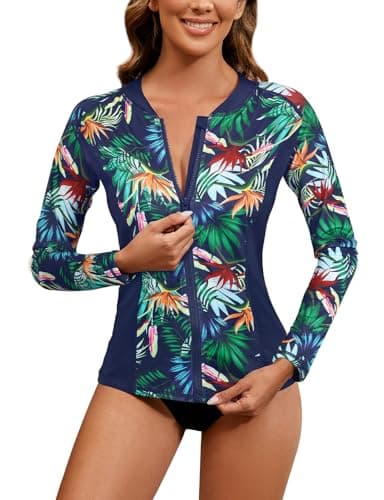 LURANEE Womens Long Sleeve Wwimsuit,Zip Up Rash Guards for Women Long Sleeve Swimsuit UV Sun Protection Swim Shirts Navy Leaf XL