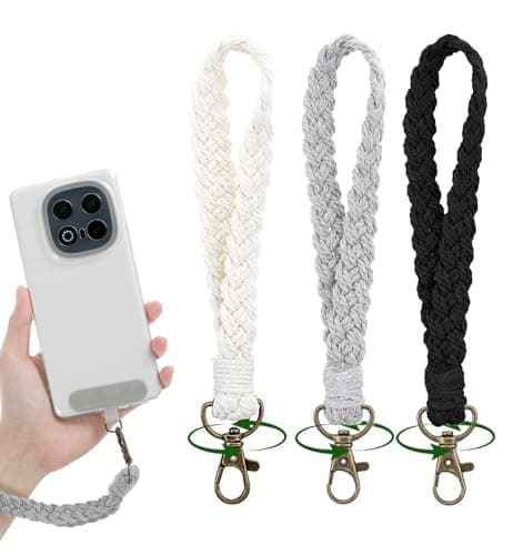Thrymme 3Pcs Phone Wristlet, Boho Soft Macrame Wrist Lanyard for Phone Case Anti-Loss Cellphone Lanyard Braided Keychain Straps for Women & Men, Charm Wristlet Perfect for Daily Use, Black White Gray