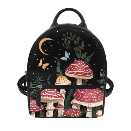 Showudesigns Mushroom Mini Backpack Purse for Women Teen Girls Shoulder Bag Butterfly Moon Night Daypack Small Travel Shopping Bag Handbag Tote Black