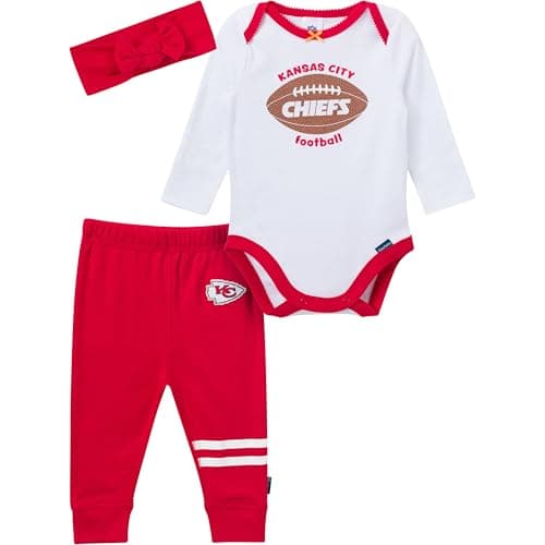Gerber NFL Team Baby Girls' 3-Piece Onesie Bodysuit, Pants & Headband Set, Chiefs, 0-3 Months