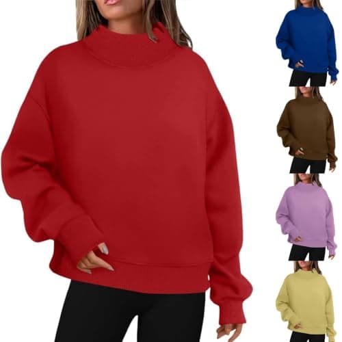 FOCLMP Mock Neck Sweatshirt Women Casual Oversized Fleece Pullover Tops Fall Loose Fit Fashion Work Long Sleeve Sweatshirts mock turtleneck sweatshirt women Red L