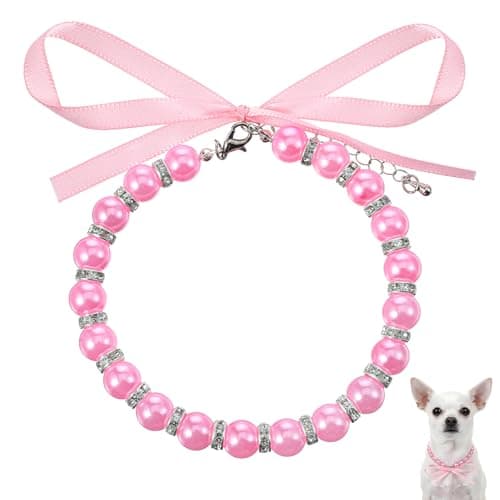 Mabor Pink Imitation Pearl Dog Necklace Collar with Bow, Adjustable Cat Jewelry for Small Medium Pets