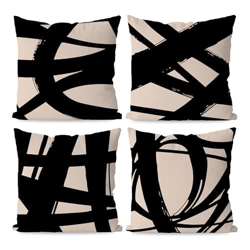 KEUSPI Black and Beige Pillow Cover 18x18 Decor Modern Abstract Neutral Art, Abstarct Art Throw Pillow Case Set of 4,Home Living Room Black Decor Women Gifts(Beige)