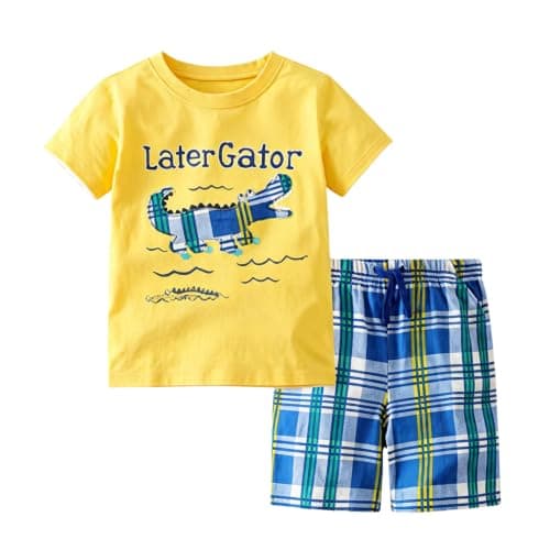 LMYOVE Toddler Boy Short Set Little Boy Clothes Casual CrewNeck Short Sleeve T-Shirt and Short Sets Summer Beach Outfits (5T Yellow Gator)