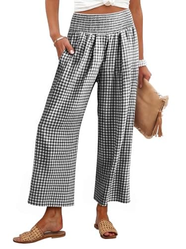 ANRABESS Women Striped Gingham Wide Leg Palazzo Pants Casual Lounge Cropped PJ Bottoms Comfy Cute Plaid Pants with Pockets Black White Plaid Small