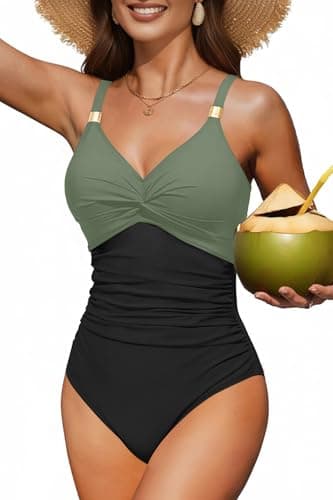 Daci Olive Green Women's One Piece Swimsuit Tummy Control Bathing Suit Gold Metal Full Coverage Slimming Swimwear 2025 M