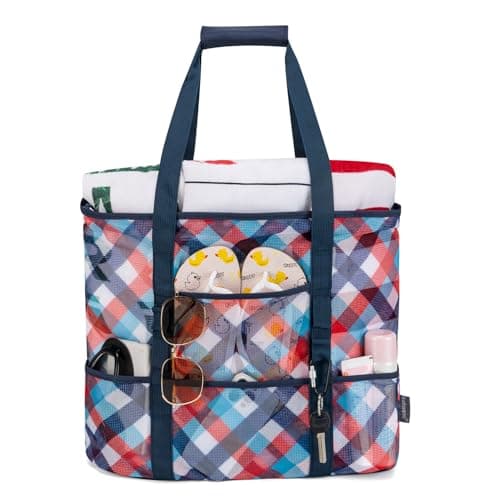 KABAQOO Mesh Beach Bag, Extra Large Beach Bags with 9 Pockets & Zipper Waterproof Lightweight Beach Tote for Beach/Pool Trip