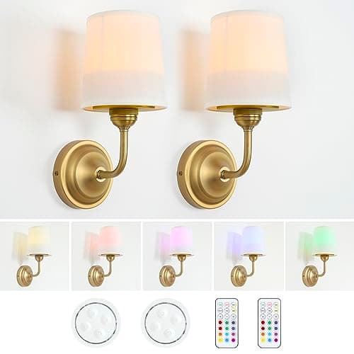 HEQIQEH Vintage Gooseneck Battery Operated Wall Sconce Light Fixture Set of 2 with Remote Control, Flared Funnel White Fabric Shade Dimmable Nightstand Lamps for Bedside Bedroom Living Room（antique-2）