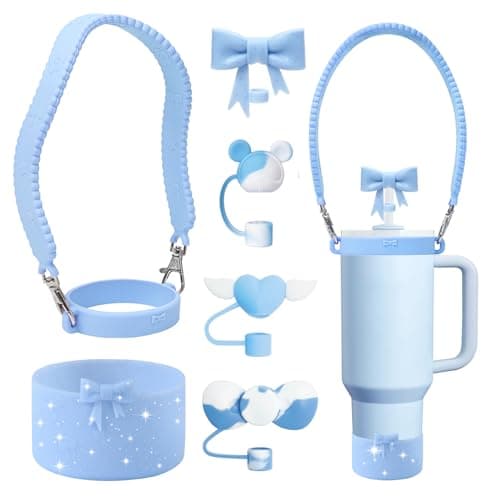 YAYAYOUNG 6 PCS Stanley Cup Silicone Accessories Set Including Water Bottle Handle Strap, Stanley Cup Boot,Silicone Straw Covers,Silicone Tea Strainer for StanleyCup 40oz & 30oz Tumbler-Blue