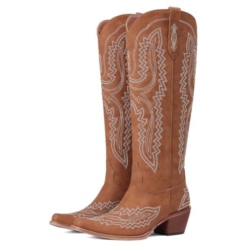 CELNEPHO Women Knee High Cowboy Boots Embroidered Chunky Heel Cowgirl Boots