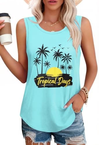 elescat Womens Tank Tops Summer Sleeveless Top, Blue Coconut Tree, S
