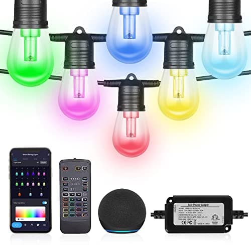 Queker Christmas String Lights Outdoor 96ft, IP65 Waterproof Color Changing Patio String Lights for Outside Party Cafe, DIY RGB Color, Voice Control, Work with Remote