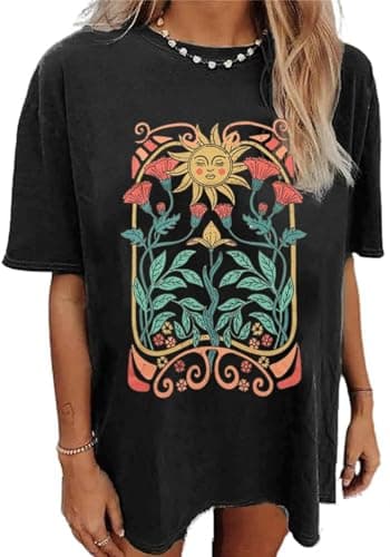 Wildflowers Shirt for Women Oversized Vintage Floral T Shirts Inspirational Graphic Tees Summer Casual Loose Beach Tops(Medium,Black-2)