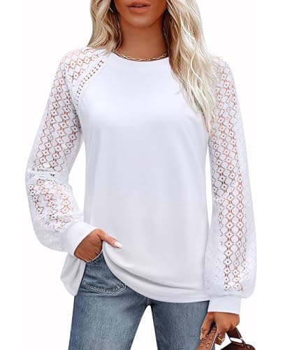 plus size blouses for women business casual lace long sleeve top work professional cute shirts crewneck white blouse dressy casual lightweight tunic formal office attire daliy comfy classy outfits 2XL