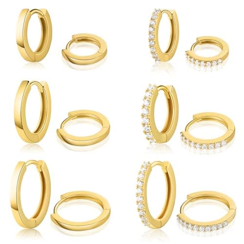 6 Pairs Gold Huggie Hoop Earrings Set for Women Cubic Zirconia 18K Gold Filled Mini Small Hoops Earrings Hypoallergenic Lightweight Cartilage Earrings Sets Multiple Piercing 8mm/10mm/12mm