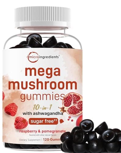 Micro Ingredients Mega Mushroom Gummies | 10-in-1 with Lions Mane, Turkey Tail, Reishi, Cordyceps, Chaga, Maitake, & Ashwagandha | Sugar-Free Raspberry Pomegranate Flavor | Non-GMO | 120 Count