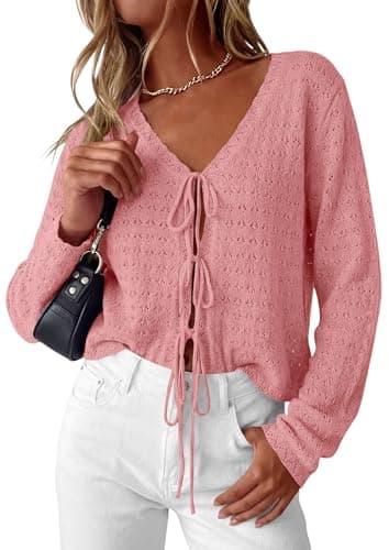 PRETTYGARDEN Womens Tie Front Cardigan Summer 2026 Long Sleeve Crochet Sweaters Cardigan Boho Cover Up Beach Vacation Clothes(Pink,Medium)