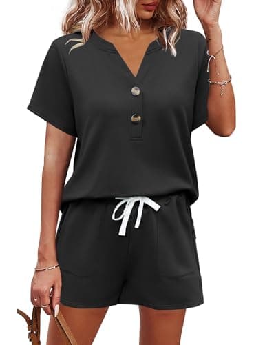 AKEWEI 2 Piece Short Sets for Women Lounge Sets V Neck Button Down Top and Shorts Set with Pockets（Black，XXL