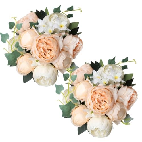Shengyuan 2 Packs of Artificial Peony Flowers Silk Peonies Champagne Cream Fake Flower Bouquet Arrangements for Home Wedding Party Decoration(Champagne Cream，2 Pack)