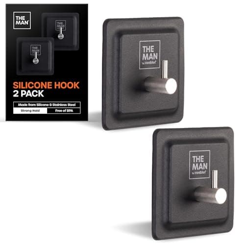 The Man Silicone Hook - Bathroom & Shower Storage Hook - Shower Toiletry, Bathroom Organizer Accessory - Heavy Duty Stainless Steel & Silicone - Strong Hold, Adheres to Most Surfaces (2 Pack)