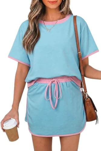 Opemiby Fashion Summer Two Piece Set Crewneck Tshirt and Short Sets Minimalist Design No Pockets Cruise Outfit for Going Out Polished Brunch Coffee Beach Vacation Travel Airport Turquoise S