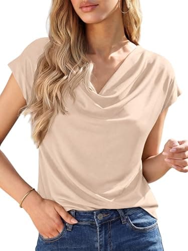 BTFBM Cowl Neck Tops for Women 2026 Spring Womens Tops Dressy Casual Business Blouses Short Sleeve Shirts Summer Outfits(Apricot, XX-Large)