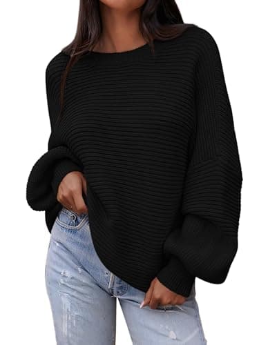 PRETTYGARDEN Womens Sweaters Fall 2026 Lantern Long Sleeve Oversized Sweater Casual Crewneck Chunky Knit Ribbed Pullover Tops(Black,Large)