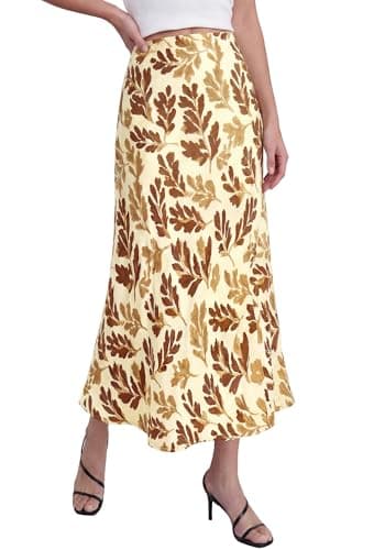 BTFBM Satin Skirts for Women 2025 Fall High Waisted A-Line Leopard Print Cocktail Wedding Long Silk Summer Midi Skirt(Floral Beige Brown Yellow, Small)