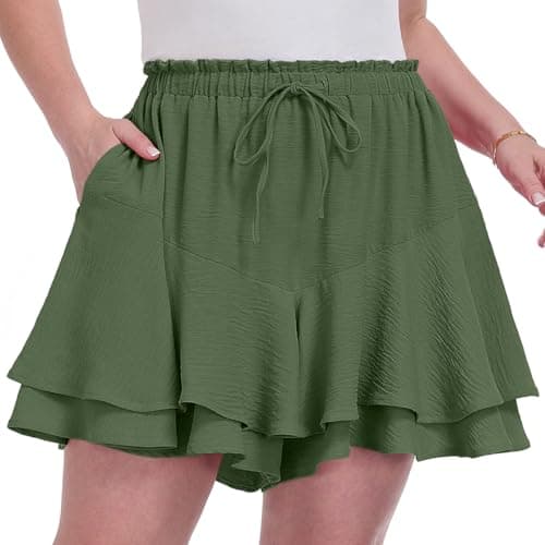 OLRIK Plus Size Flowy Shorts High Waisted Wide Leg Ruffle Skorts with Pockets Boho Summer Vacation Mini Skirt 2026 Olive Green-2X