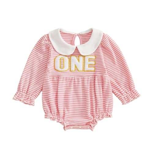 Baby Girl First Birthday Outfit Long Sleeve Striped One Embroidered Romper Peter Pan Collar Bodysuit 1st Birthday Clothes (Pink, 12-18 Months)