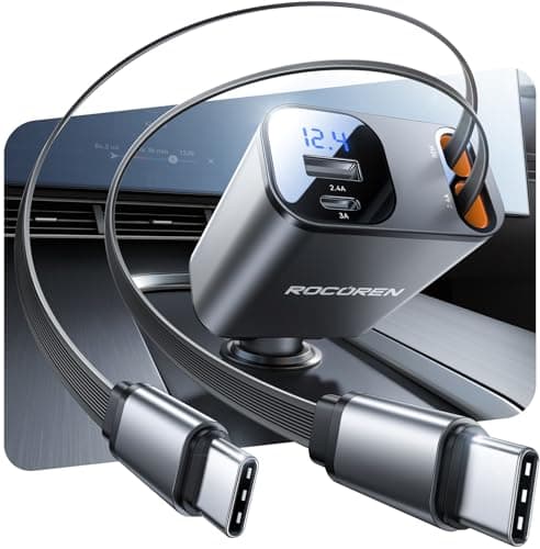 Retractable Car Charger for iPhone 17,Rocoren 4 in 1 USB C Car Charger Fast Charging with Dual 2.62Ft Type-C Cable,69W Car Phone Charger,Road Trip Essentials,Car Accessories for iPhone 16,iPad,Android