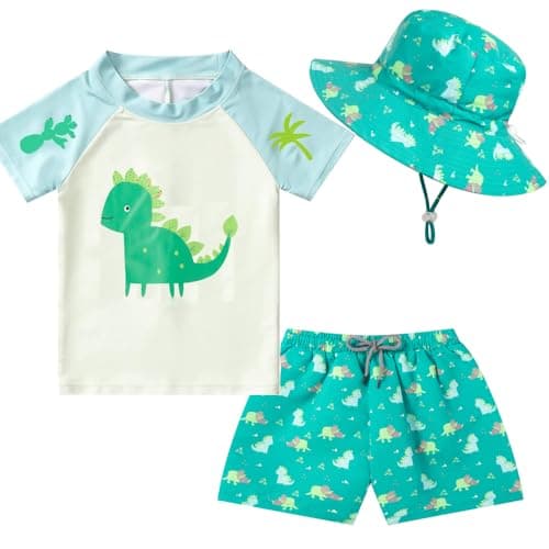 CuteCotton Toddlers Baby Boys' 3-Piece Rashguard Sets Bathing Suit Swimsuits with Hat Surfing Swimwear UPF 50+(Green Dino,3-4 T)