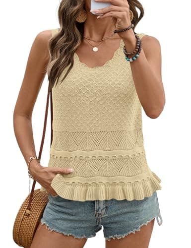 LOMON Women Sweater Vest Boho Crochet Tank Tops Sleeveless Apricot,L