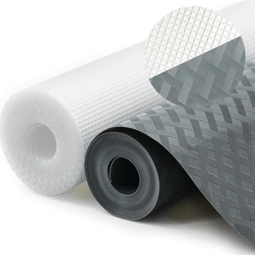Cooenia 2 Rolls Shelf Liner Non-Adhesive Kitchen Cabinets Drawer Liners, Waterproof and Oil-Proof EVA Material Shelf Paper for Refrigerator Dresser Cupboard Pantry (Gray and Clear White, 11.8″ x 118″)