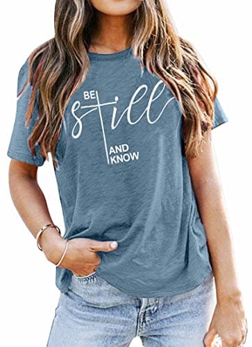 ASTANFY Christian Shirt Women Be Still and Know T-Shirt Inspirational Easter Jesus Short Sleeve Casual Tee Tops Blue