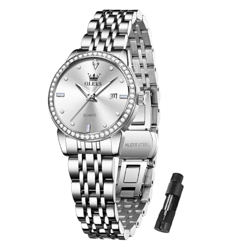 OLEVS Silver Watch for Women Diamond Small Face Waterproof Dress Watches