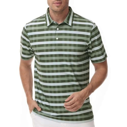 Men's Short Sleeve Golf Shirt Moisture Wicking Stripe Polo Shirts for Men Dry Fit Performance Golf Polos T Shirt (Bronze Green-2XL)