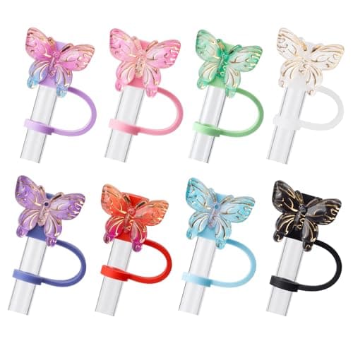 8Pcs B Butterfly Glitter Cap Straw Cover Cap for Stanley Cup 40oz/30oz Accessories, 10mm Reusable Cute Drinking Straw Topper Accessories, Portable Protector Plugs Decorations Gifts
