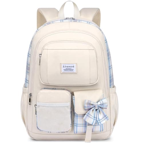 LIVUWER School Backpack for Teen Girls - Cute 15.6 Inch Bookbag for Middle High School Casual Daypack for Students Large College Backpacks Travel Daypacks Laptop Computer Bag for Women Beige