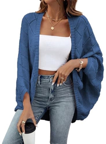 Sidefeel Women's Oversized Cardigan Sweaters Spring Summer Boho Long Batwing Sleeve Knit Open Front Shrugs Lightweight Sweater Ashleigh Blue Large