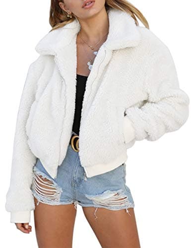 AKEWEI Women Thick Fuzzy Jacket Casual Trendy Zip Up Faux Shearling Outwear with Pockets White Large