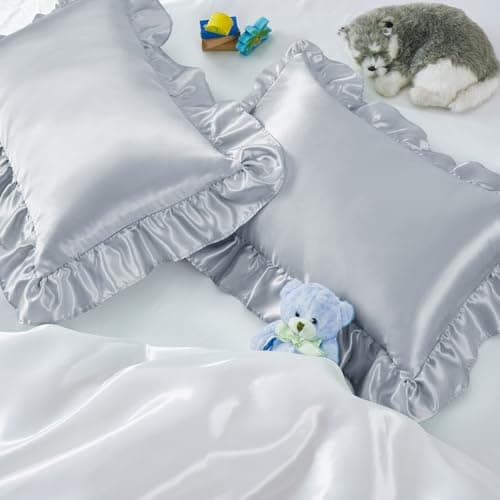 Entisn Ruffle Satin Toddler Pillowcase Set of 2, 13 x 18 Inch Toddler Silky Pillow Shams with Envelope Closure, Anti Wrinkle Soft Nursery Bedding for Girls, Boys (Light Gray)