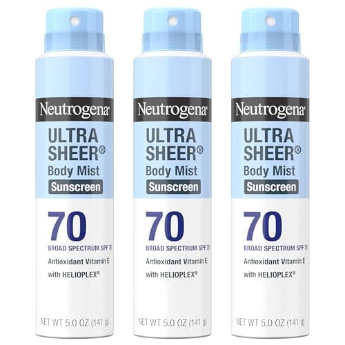 Neutrogena Ultra Sheer Body Mist Sunscreen Spray, Broad Spectrum SPF 70, Lightweight Spray Sunscreen, Non-Greasy & Water Resistant, Oil-Free & Non-Comedogenic UVA/UVB, 5 oz, Pack of 3