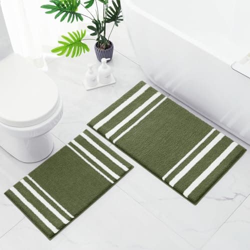 HOMEIDEAS Bathroom Rug Set 2 Piece, Striped Super Absorbent Soft Microfiber Non-Slip Washable Bath Mats for Shower and Tub (Sage Green)