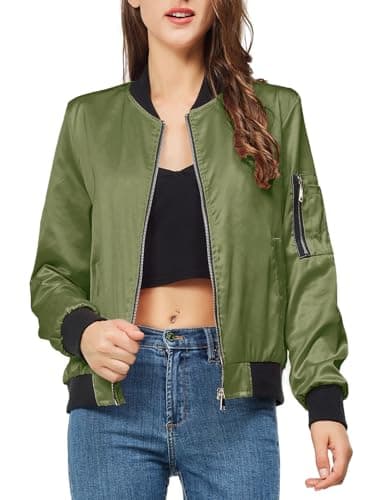 YEABEDA Satin Bomber Jacket Women Casual Fall Varsity Jackets Zip Up Outerwear Windbreaker with Pockets Green XX-Large