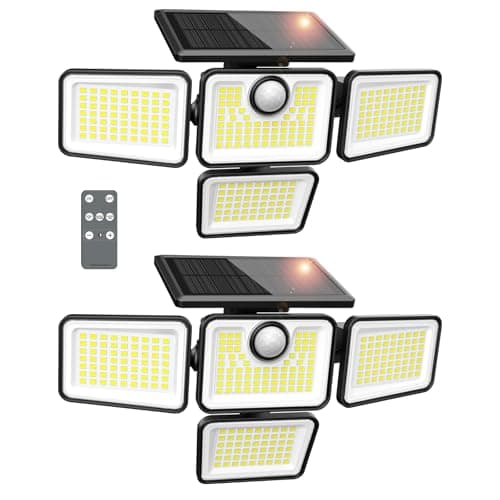 omibee Solar Lights Outdoor, 6000LM 4 Heads Motion Sensor Lights, 3 Mode, IP65 Waterproof Solar Security Wall Lights, Remote Control Flood Lights for Garden, Outside, Backyard, 2 Pack
