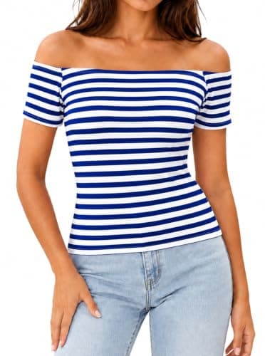 LilyCoco Off The Shoulder Tops for Women Striped Short Sleeve Sexy Going Out Top Royal Blue Stripe X-Large