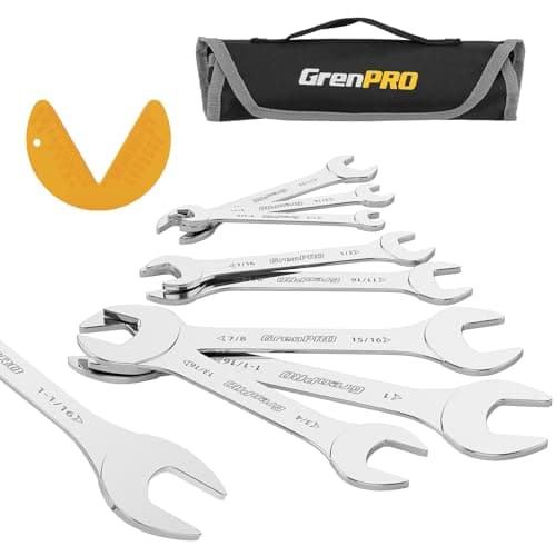 GRENPRO Super-Thin SAE Wrench Set, Open End Wrench Set, 9PCS 1/4, 9/32, 5/16, 3/8, 11/32, 13/32, 7/16, 1/2, 9/16, 11/16, 3/4, 13/16, 7/8, 15/16, 1, 1-1/16, Small Slim Spanner Rolling Pouch with Gauge