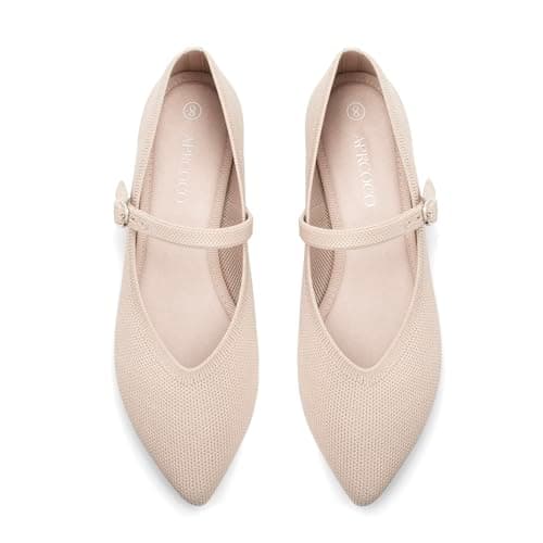 AprCoco Flats for Women Knit Pointed Toe Ballet Flat with Ankle Strap Casual Womens Shoes Comfort Soft Walking Office,Size 10，Almond