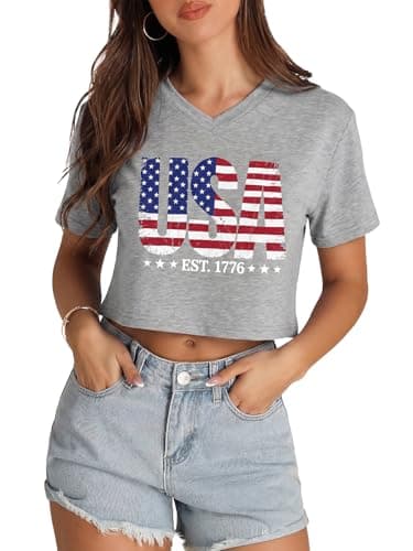 V Neck Crop Tops for Women Summer Short Sleeve T Shirts Loose Fit Cropped Graphic Tees Workout Baisc Top(USA Gray,XL)